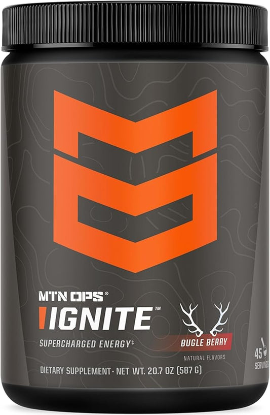 MTN OPS Ignite Energy Drink Powder, Gluten Free Nitric Oxide Supplement Drink Mix, L Arginine, L Citrulline, Caffeine & Nootropic Sugar Free Drink Mix, 45 Servings, Bugle Berry