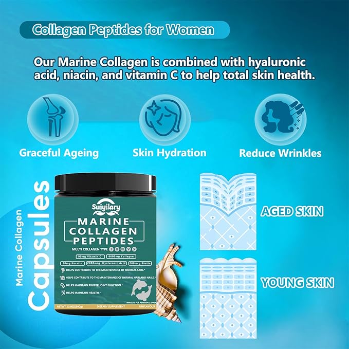 Collagen Peptides Powder for Women, Multi Marine Hydrolyzed for Healthy Hair, Skin, Nails with Hyaluronic Acid, Biotin, Vitamin C, 30 Servings (10.6 OZ, Unflavored)