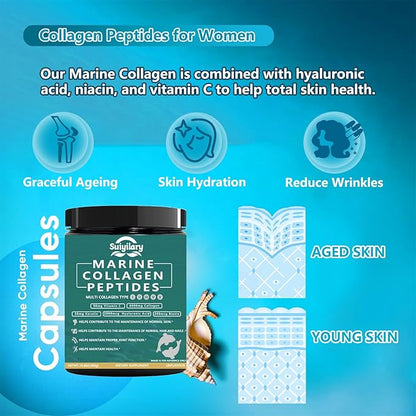 Collagen Peptides Powder for Women, Multi Marine Hydrolyzed for Healthy Hair, Skin, Nails with Hyaluronic Acid, Biotin, Vitamin C, 30 Servings (10.6 OZ, Unflavored)