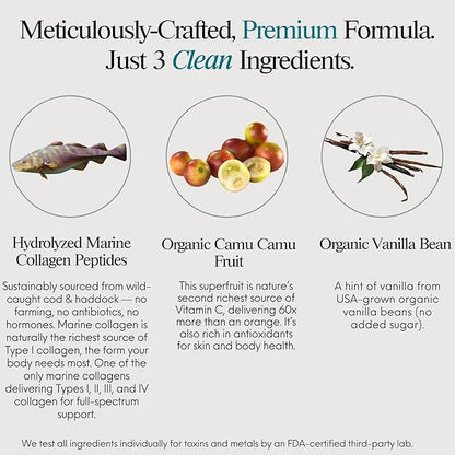 ENSANTE Premium Marine Collagen Peptides Powder Vanilla, Clinically Backed Type I II III IV Collagen, Wild Deep Sea Fish Collagen with Organic Camu Camu Vitamin C for Hair Skin Nail Joint, Lab Tested