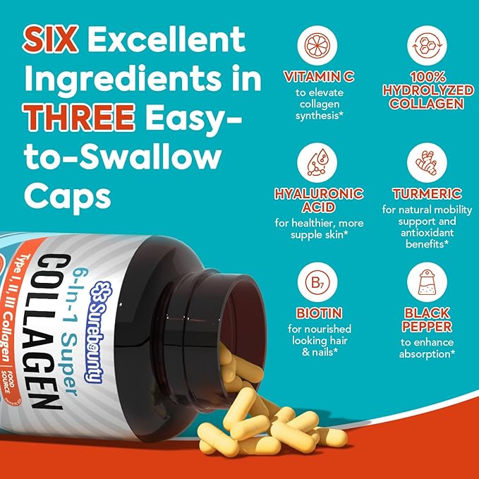 Multi Collagen Complex, Type I, II, III, 6-in-1 Super Collagen with Vitamin C, Hyaluronic Acid, Biotin, Turmeric, Black Pepper, Keto, 90 Capsules
