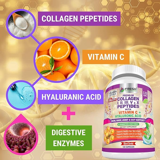 FRESH HEALTHCARE Multi Collagen Pills with Type I, II, III, V & X Peptides with Vitamin C, Hyaluronic Acid - Supports Healthy Hair, Skin, Nails and Joints - 120 Kosher Capsules