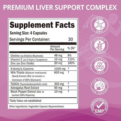 Premium Liver Support Complex - 120 Capsules with TUDCA, NAC, Milk Thistle Extract & Astragalus - Advanced Formula with Choline, Vitamin E & Zinc - 30 Day Supply