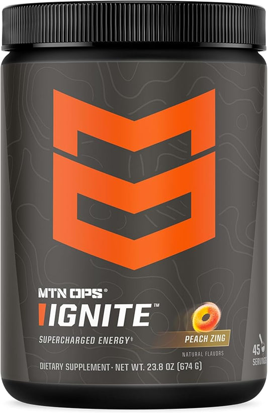 MTN OPS Ignite Energy Drink Powder, Gluten Free Nitric Oxide Supplement Drink Mix, L Arginine, L Citrulline, Caffeine & Nootropic Sugar Free Drink Mix, 45 Servings, Peach Zing