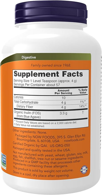 NOW Foods Supplements, Inulin Prebiotic Pure Powder, Certified Organic, Non-GMO Project Verified, Intestinal Support*, 8-Ounce