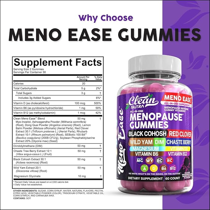 Menopause Supplement for Women Gummies with Black Cohosh, Wild Yam, DIM, Magnesium, Red Clover Chasteberry for Hormone Balance Relief Night Sweats Mood Plus Bergamot, Vitamin D3, Vitamin B6 B12