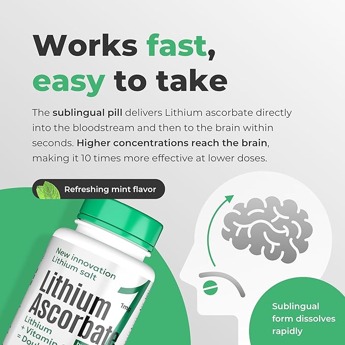 Lithium Ascorbate 1 mg with Vitamin C - 60 Tablets – Brain Supplements for Memory and Focus, Mood and Stress Relief Supplement, Lithium Orotate, Depression Support, Brain Booster