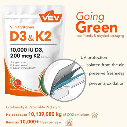 VEV Vitamin D3 K2, 10,000 IU D3, 200mcg K2 (with MK7), Supports Bone and Teeth Health, Dual Nutrient Support for Daily Wellness, Easy to Swallow (Packaging May Vary) – 300 Capsules