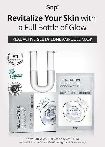 [K Beauty] Real Active Glutathione Ampoule Sheet Mask | Vegan Face Mask with Glutathione & Niacinamide | Revitalizing and Balancing for All Skin Types | Korean Face Masks Skincare | 10 Sheets