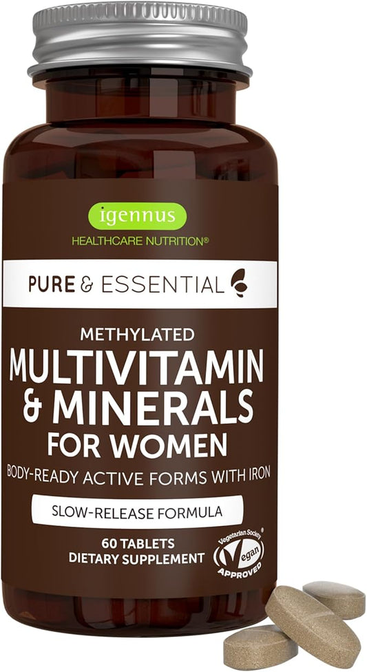 Igennus Methylated Women's Multivitamin, 21 Highly Bioavailable Nutrients, Clean Label & Sustained Release, Active B-Vitamins and Gentle Iron, Easy-to-Swallow, 60 Vegan Tablets, 30 Servings