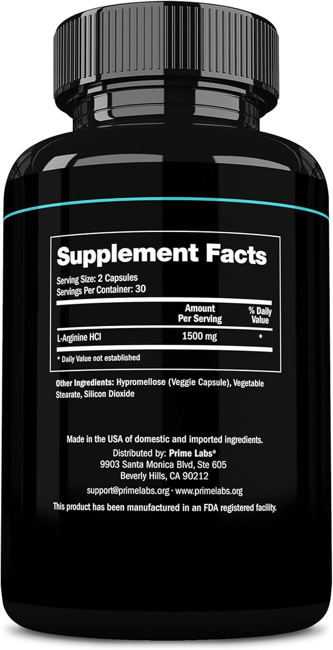 Prime Labs L Arginine 1500mg - Nitric Oxide Supplement - Blood Flow, Energy, Strength, Endurance - 60 Count