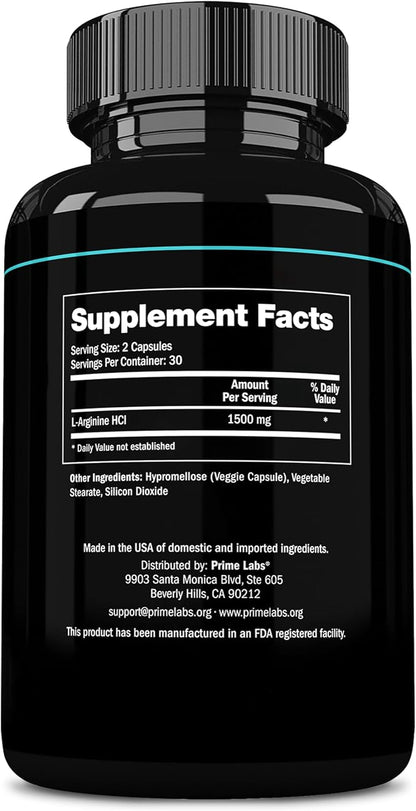 Prime Labs L Arginine 1500mg - Nitric Oxide Supplement - Blood Flow, Energy, Strength, Endurance - 60 Count