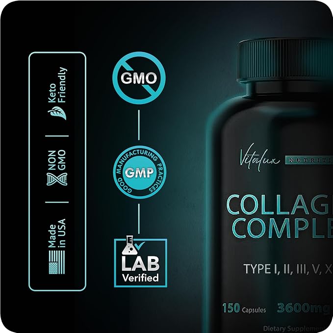 Collagen for Women & Men - Vital Nutrition - Hydrolyzed Collagen Peptides - Multi Collagen Capsules, Keto Friendly, Healthy for Skin, Nails, Bones & Joints, NonGMO- Type I,II,III, V, X - 150 Capsules
