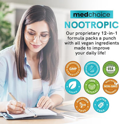12-in-1 Nootropic Brain Supplement with Caffeine Anhydrous - Ginkgo Biloba for Brain Support, Memory, Focus - B12, Alpha GPC, L Theanine, Choline Supplements with Bioperine, 1321mg, (60ct, Pack of 2)
