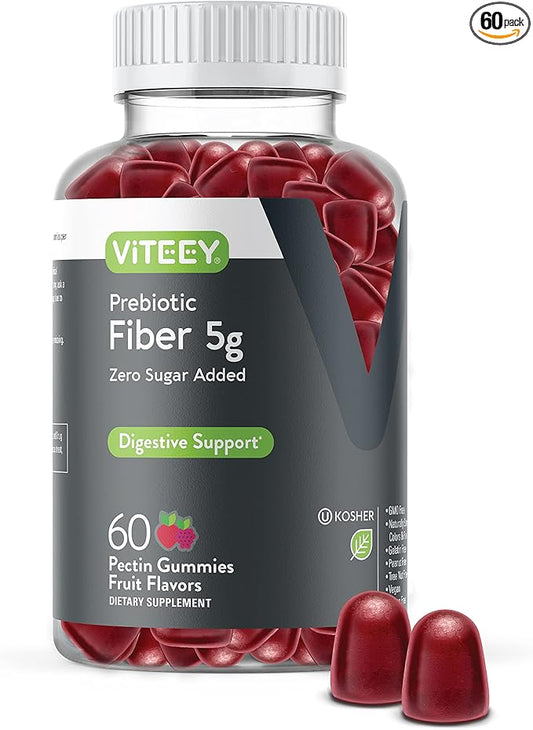 Viteey Prebiotic Fiber Gummies for Adults, 5g - Zero Sugar Added - Fiber Supplement for Digestive Health Regularity & Natural Weight Support - Vegan, Gelatin Free - Chewable Fruit Flavored Gummy