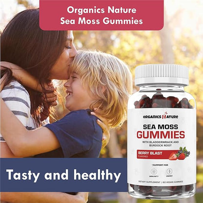 ORGANICS NATURE Irish Sea Moss Gummies for Lung Detox, Thyroid, Strength Immune & Energy Support, Vegan Seamoss Gummies for Kids & Adults - 60 Vegan Gummy Bears Berry Flavored