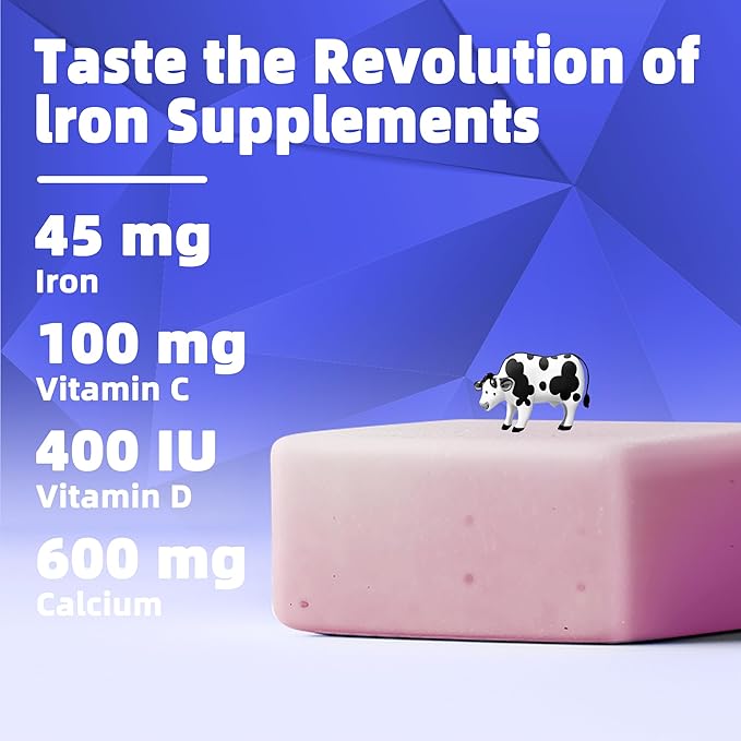 Iron Soft Chews Supplement with Vitamin C | Blueberry Flavored | Gluten Free | Iron Supplement for Women Men and Kids | 60 Count | 2 Month Supply