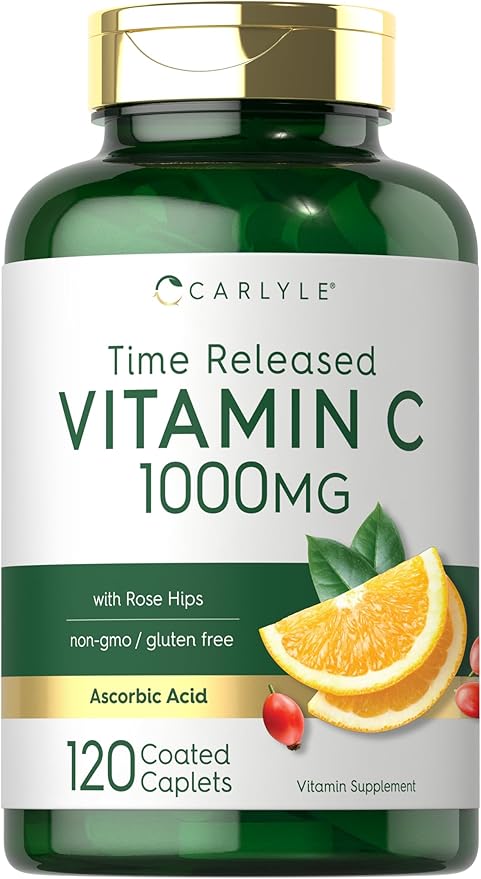 Carlyle Vitamin C 1000mg | 120 Caplets | with Rose HIPS | Supplement for Women and Men | as Ascorbic Acid | Time Release | Vegetarian, Non-GMO, and Gluten Free