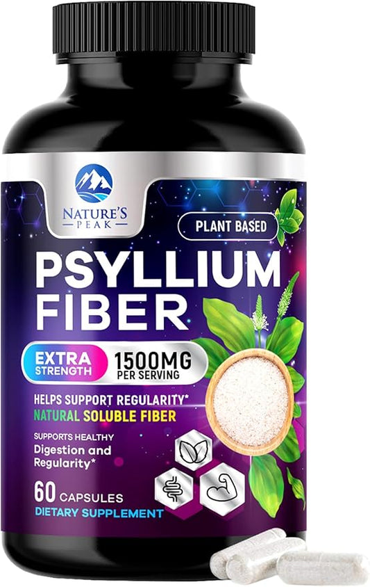 Psyllium Husk Powder Caps 1500mg - Non-GMO, Natural Soluble Fiber for Daily Digestive Health & Regularity Support, Vegan Psyllium Fiber Supplement with Plant Based Fiber, Sugar Free - 60 Capsules