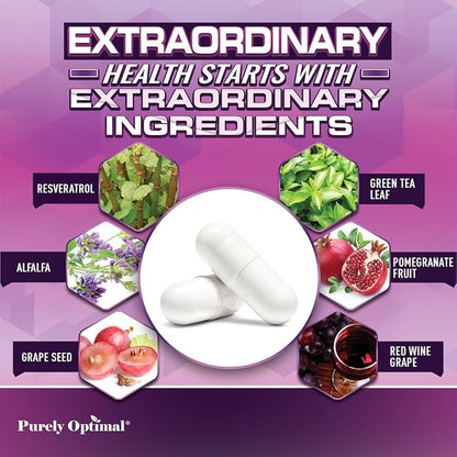 Purely Optimal Resveratrol 1500mg - High Potency Trans-Resveratrol Supplement with Polyphenols, 60 Vegan Capsules - Supports Graceful Aging, Vitality, Immune Function & Total Body Wellness