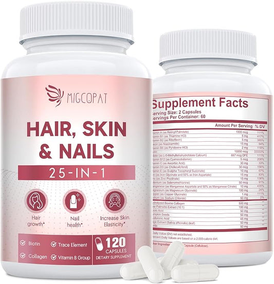 Hair Skin and Nails Vitamins with Biotin, Collagen & Hyaluronic Acid, Supports Healthy Hair Growth, Strong Nails & Glowing Skin, Biotin Supplement with Vitamins A, C, D3, E, B Complex & Minerals