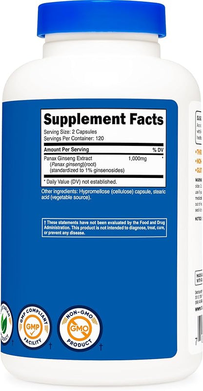 Nutricost Panax Ginseng 1000mg, 240 Capsules (2 Bottles) - Non GMO, Gluten Free, 120 Servings