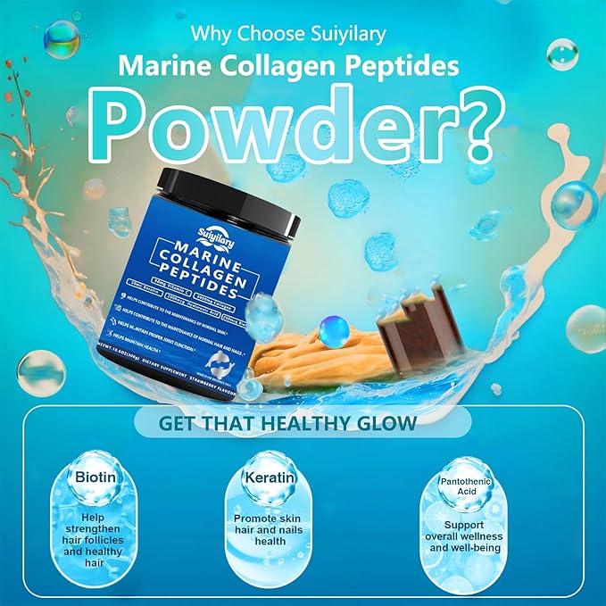 Collagen Peptides Powder for Women, Multi Marine Hydrolyzed for Healthy Hair, Skin, Nails with Hyaluronic Acid, Biotin, Vitamin C, 30 Servings (10.6 OZ, Strawberry)
