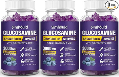 3 Packs Glucosamine Chondroitin Gummies - 3000MG Extra Strength Joint Support Supplement with MSM & Elderberry, Flexibility, Antioxidant Immune Support Gummy for Adults, Men & Women
