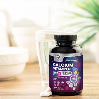 Calcium 1200 mg with Vitamin D3, Calcium Supplement Vitamins, Bone, Teeth & Immune Health Support, Calcium Supplements with D for Women & Men, Nature's Absorbable Calcium Carbonate - 180 Tablets