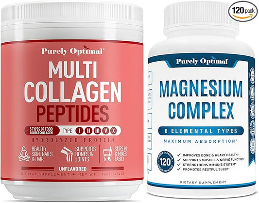 Purely Optimal Premium Multi Collagen Powder + Premium Magnesium Complex - Magnesium Citrate, Malate, Muscle Relaxation - 120 caps