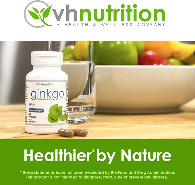 VH Nutrition Ginkgo BILOBA | 550mg Standardized Extract Supplements | Cognitive and Memory Support* | Boost Mental Clarity and Focus | Brain Health Supplement | 60 Capsules