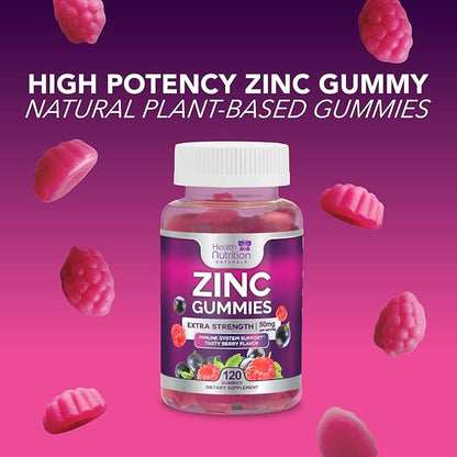 Zinc Supplement 50mg Gummies for Adults - Max Strength Skin Health & Immune Support Gummy, Vegan, Non-GMO & Gluten Free, Nature’s Antioxidant & Bone Health Chewable Zinc Vitamins - 120 Gummies