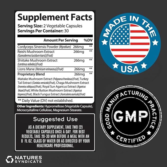 Mushroom Complex Supplement - Natural Brain Nootropic for Cognitive Wellness, Clarity, Focus, Memory & Immune System Support, 10 Mushroom Cordyceps, Reishi, Lions Mane, Turkey Tail