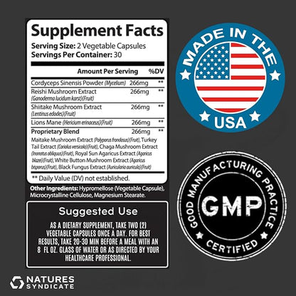 Mushroom Complex Supplement - Natural Brain Nootropic for Cognitive Wellness, Clarity, Focus, Memory & Immune System Support, 10 Mushroom Cordyceps, Reishi, Lions Mane, Turkey Tail