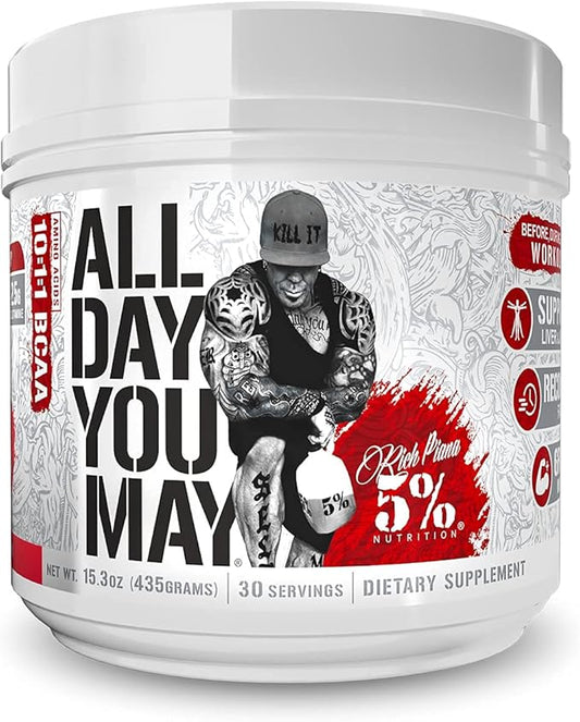 5% Nutrition Rich Piana AllDayYouMay BCAA Powder | Premium Intra & Post Workout Amino Acids, Hydration, Endurance, Muscle Recovery, Joint & Liver Support | 15.3 oz, 30 Servings (Watermelon)