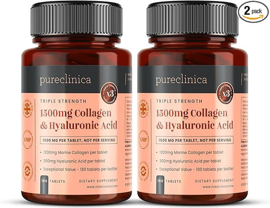 pureclinica UltraColl Collagen & Hyaluronic Acid 1500mg x 360 Tablets (2 Bottles of 180) - 1 Years Supply