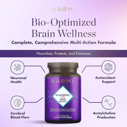 NAOMI Brainspan™ with BDNF Boost - Fast-Acting Support for Healthy Brain Function & Performance, Lion's Mane Mushroom, Ginkgo Biloba Extract, Garden Sage, Spanish Sage - 60 Capsules, 30-Day Supply