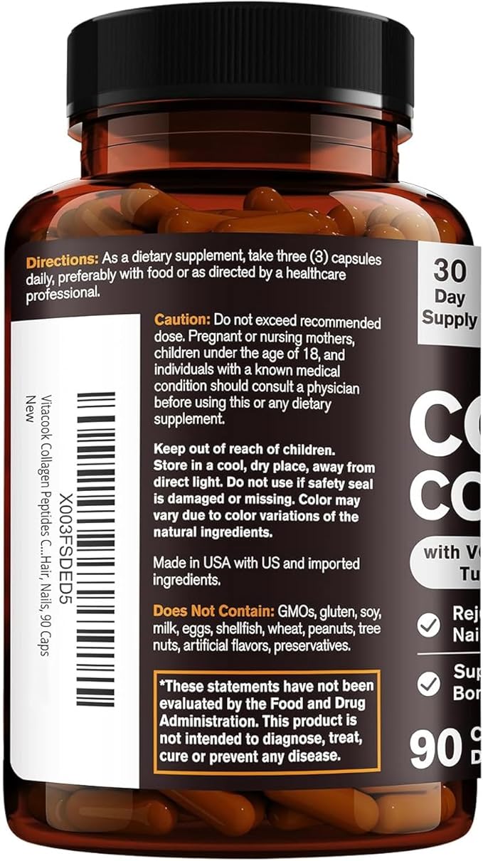 Collagen Peptides Complex, Type I, II, III, 2025 MG, Hydrolyzed Multi Collagen, VC, Biotin, HA, Turmeric & Black Pepper, for Skin, Hair, Nails, 90 Caps