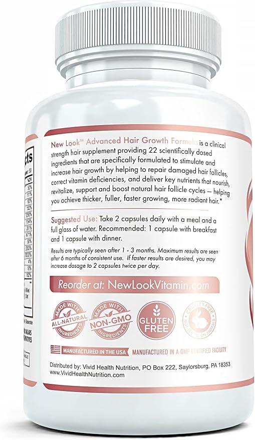 New Look Hair Growth Support Vitamins for Women and Men | Clinical Strength Supplement for Hair Loss | Supports Thicker, Fuller Hair with Biotin - 60 Capsules