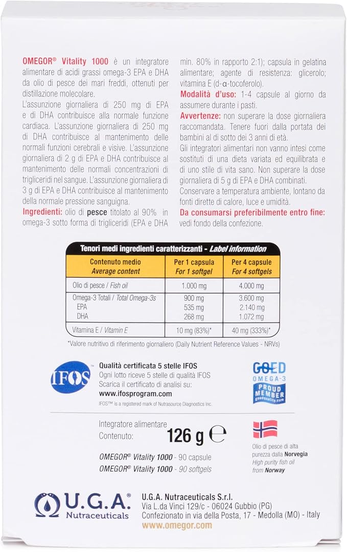 OMEGOR Omega 3 Fish Oil Supplement IFOS Certified Vitality 1000 with 800mg EPA and DHA per Capsule - No Fishy Aftertaste, Non-GMO (60 Softgels)