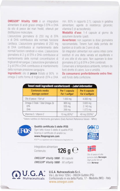 OMEGOR Omega 3 Fish Oil Supplement IFOS Certified Vitality 1000 with 800mg EPA and DHA per Capsule - No Fishy Aftertaste, Non-GMO (60 Softgels)