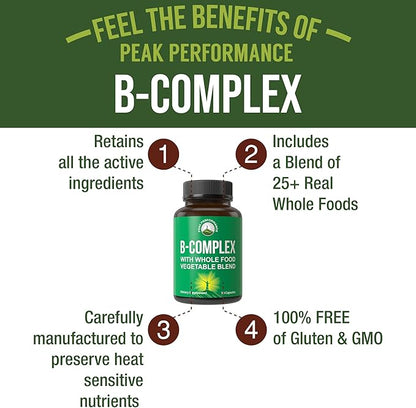 Vitamin B Complex Capsules + Whole Food Blend of 25 Vegetables and Fruits for Max Absorption. Best Vegan B-Complex Supplement with Vitamin B1, B2, B3, B5, B6, B7, B9 and B12. 90 Capsules. Energy Boost