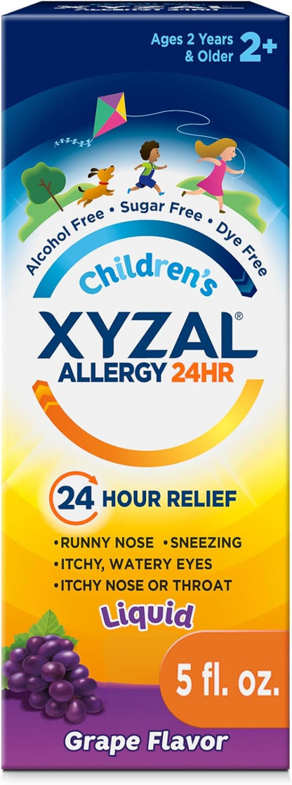 Xyzal Children's 24 Hour Allergy Relief Medicine for Kids, Levocetirizine Dihydrochloride Liquid Antihistamine, Grape, 5 Fl. oz.