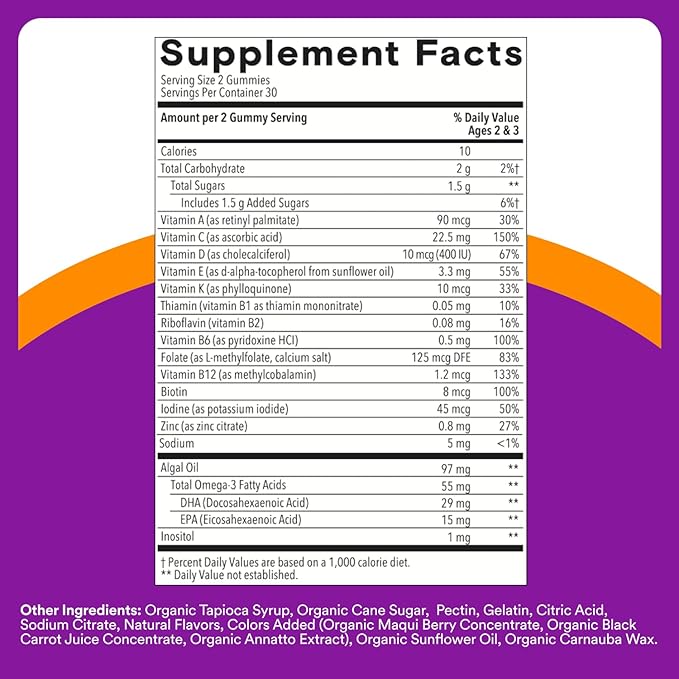 SmartyPants Toddler Multivitamin Gummies - Improved Formula: Omega 3 (DHA/EPA), Vitamins D3, C, Vitamin B12, B6, A, K & Zinc, Biotin, Gluten Free, Three Fruit Flavors, 60 Count (30 Day Supply)