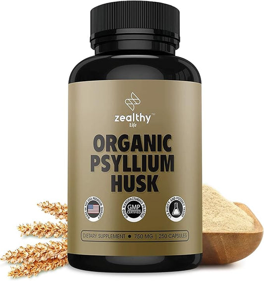 Organic Psyllium Husk Capsules, Natural Fiber Supplement for Gut Health* - Alternative to Psyllium Husk Powder, Zealthy Life, 250 Capsules