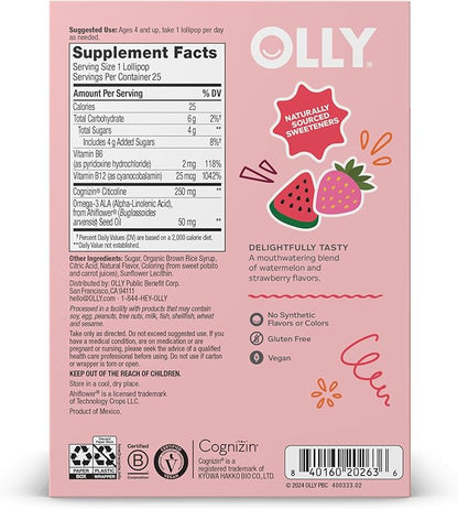 OLLY Focus Buddies L’OLLY Pops, Omega-3 ALA, B6, B12, Cognizin®, Kids Supplement Lollipops to Supports Focused Attention & Healthy Brain Function, Vegetarian, Watermelon Strawberry, 25 Count