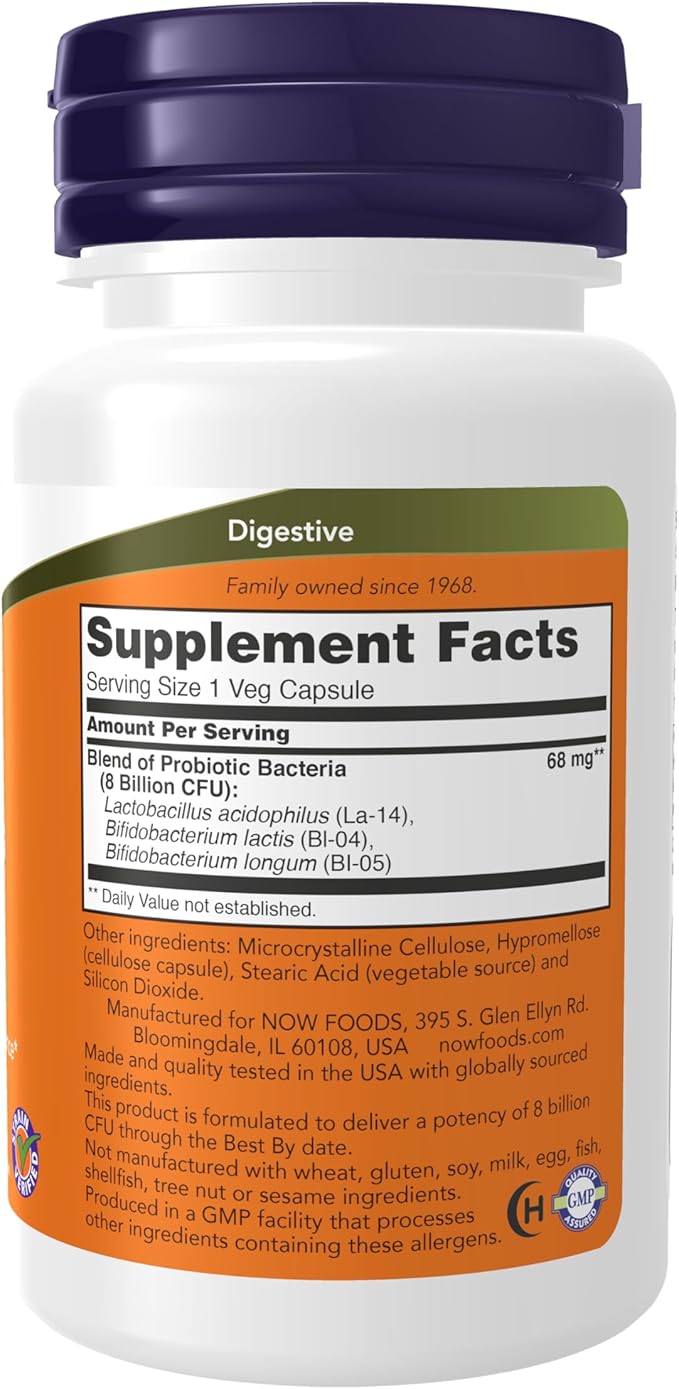 NOW Foods Supplements, 8 Billion Acidophilus & Bifidus, Dairy, Soy and Gluten Free, Strain Verified, 60 Veg Capsules