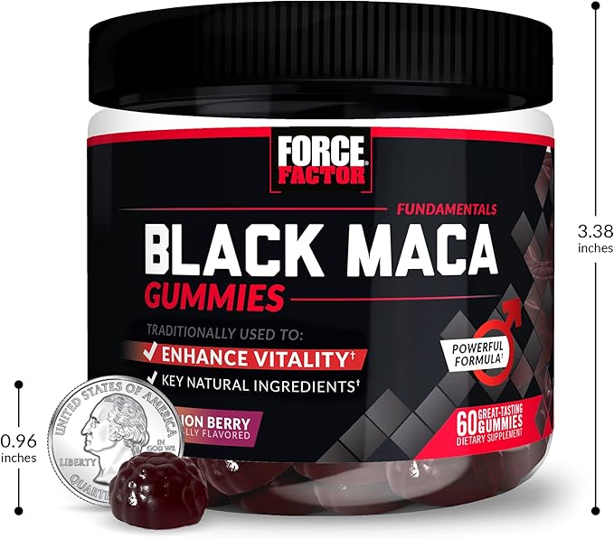 Force Factor Black Maca Gummies, 3-Pack, Black Maca Root to Enhance Male Vitality, Increase Energy & Strength, with BioPerine for Superior Absorption, Delicious Passion Berry Flavor, 180 Gummies