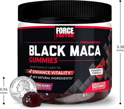 Force Factor Black Maca Gummies, 3-Pack, Black Maca Root to Enhance Male Vitality, Increase Energy & Strength, with BioPerine for Superior Absorption, Delicious Passion Berry Flavor, 180 Gummies