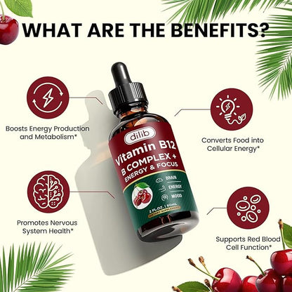 Vitamin B12 Complex 5000 mcg | Vegan B12 Liquid Drops Sublingual Supplement | Methylcobalamin w/ Folate, Biotin, Vitamin C, B3, B5, B6, & B8 for Long-Lasting Energy and Healthy Metabolism, 2 fl. oz.